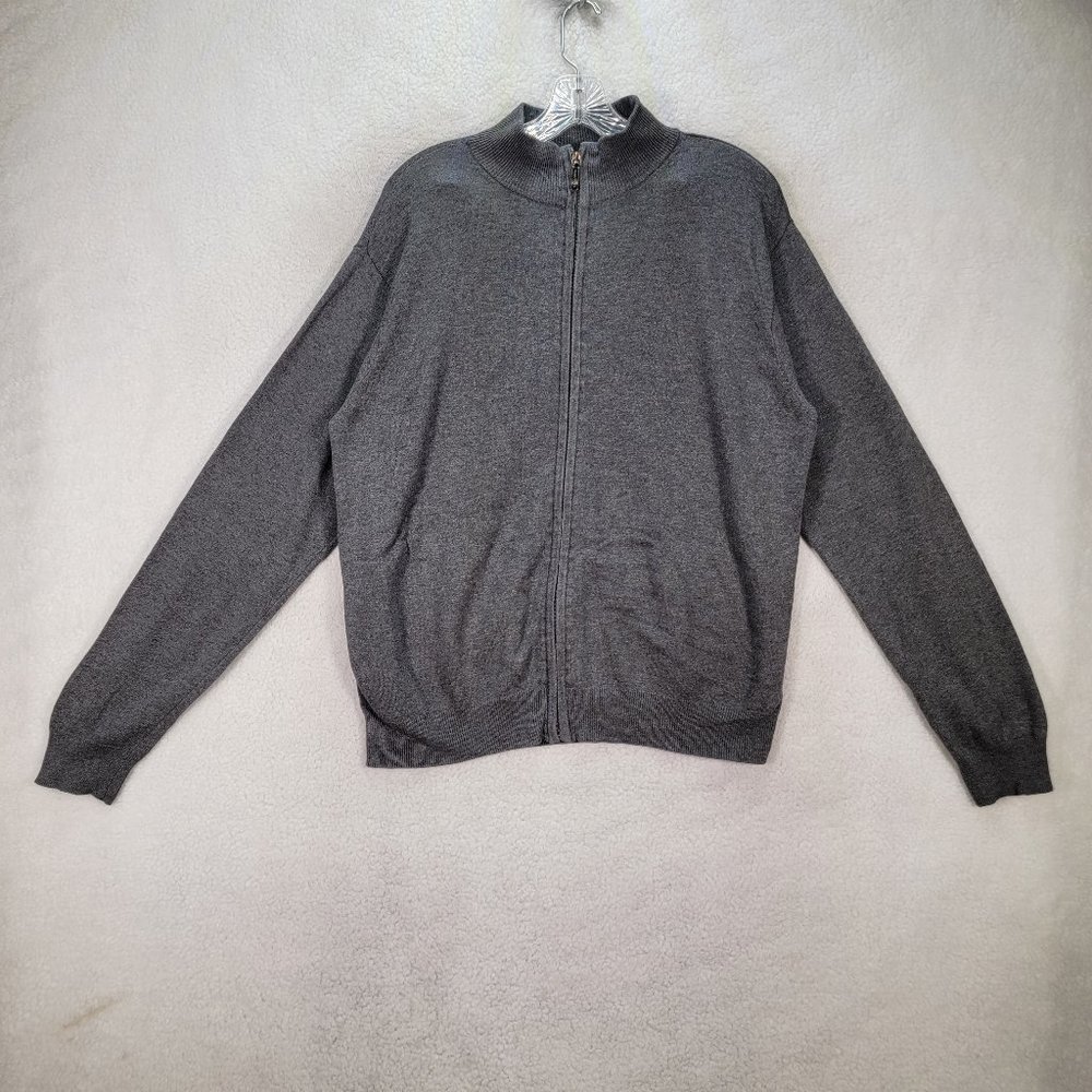 Perry Ellis Gray High Neck Knit Preppy Full Zip Classic Cardigan Sweater